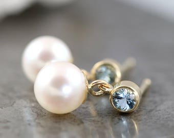 Modern Pearl Drop Earrings - Round White Pearl Dangles - March Birthstone Blue Aquamarine Bezel Setting Post Earrings - READY TO SHIP