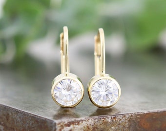 14k Yellow Gold Lever Back Clip Earrings with Bezel Set 5mm White Moissanite - White Diamond Alternative Gemstones - Ready to Ship
