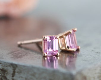 14k Rose Gold Pink Sapphire Stud Earrings - Emerald Cut Sapphires in Prong Basket Setting - Small Natural Gemstone 14kr Stud - Made to Order