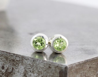 Sterling Silver Peridot Stud Earrings - Pair of Thick Walled Bezel Studs - August Birthstone Jewelry - Green Gemstone Studs - READY TO SHIP