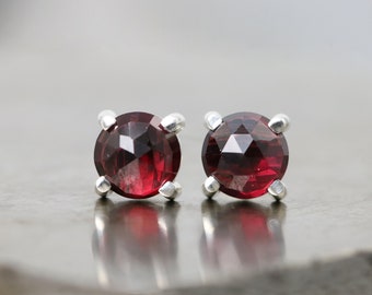 Small Stud Earrings with 6mm Rose Cut Rhodolite Garnet - Faceted Red Gemstone Sterling Silver Studs - January Birthstone - READY TO SHIP