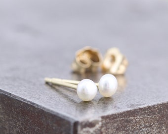 Tiniest Pearl Stud Earrings - 14k Yellow Gold Post Studs with 3mm Freshwater Pearl - Small Unisex Adult or Child Earring - READY TO SHIP