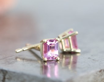 14k Yellow Gold Pink Sapphire Stud Earrings - Emerald Cut Sapphires in Prong Basket Setting - Small Natural Gemstone Stud - Made to Order