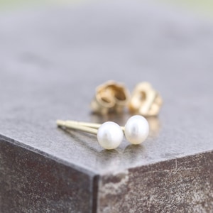 Tiniest Pearl Stud Earrings - 14k Yellow Gold Post Studs with 3mm Freshwater Pearl - Small Unisex Adult or Child Earring - READY TO SHIP