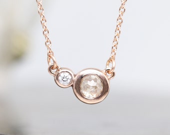 14k Rose Gold Double Gemstone Pendant with Rose Cut Diamond and White Diamond - Choose Gold Fill or Solid Gold Cable Chain - READY TO SHIP