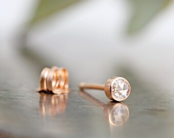 One Single Tiny 14k Rose Gold Moissanite Stud Earring - Single Small Rose Cut Everyday Stud - Modern Classic Bezel Stud - READY TO SHIP