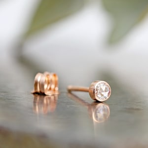 One Single Tiny 14k Rose Gold Moissanite Stud Earring - Single Small Rose Cut Everyday Stud - Modern Classic Bezel Stud - READY TO SHIP