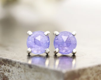 Small 14k White Gold Studs with 6mm Natural Blue Tanzanite Stones - Rose Cut Round Purple Stud Earrings - Gold Gemstone Studs  READY TO SHIP