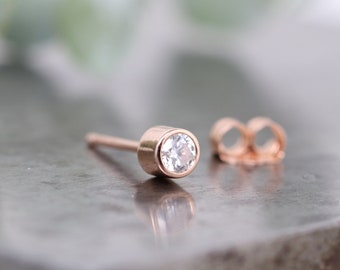 One Single Rose Gold Moissanite Stud Earring - 14k Rose Diamond Alternative Stud - Small Second Piercing or Unisex Earring - READY TO SHIP