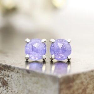 Small 14k White Gold Studs with 6mm Natural Blue Tanzanite Stones - Rose Cut Round Purple Stud Earrings - Gold Gemstone Studs  READY TO SHIP