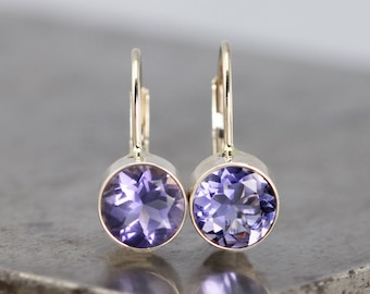 14k White Gold Lever Back Earrings with Iolite - 6mm Bezel Setting Purple Gemstone Minimalist Earrings - Secure Gold Clips - READY TO SHIP