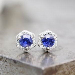 14k White Gold Diamond Hexagon Halo Earrings with Blue Sapphire - Natural 4mm Bright Blue Sapphire with Tiny White Diamonds - READY TO SHIP