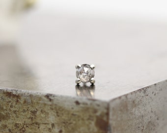 Single Tiniest 14k White Gold Stud Earring - Salt and Pepper Diamond - Small Rose Cut Diamond - Natural Grey Diamond Earring - READY TO SHIP