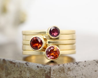 Gemstone and Gold Stacking Ring Set - Mystic Topaz, Madeira Citrine, Grape Garnet in 14k Yellow Gold - Five Rings - Size 7 - READY TO SHIP