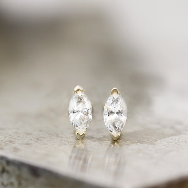 Tiniest Marquise Diamond Stud - 14k Yellow Gold with Natural White Diamond - Tiny Modern Geometric Gemstone Stud Earring - READY TO SHIP