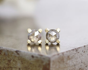 4mm 14k Yellow Gold Stud Earrings - Salt and Pepper Diamonds - Small Rose Cut Diamonds - Natural Green Grey Diamond Earrings - READY TO SHIP