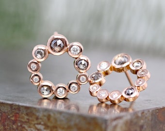 14k Rose Gold Circle Bezel Diamond Earrings - Mix of Salt and Pepper Rose Cut Diamonds and White Diamonds - Modern, Earthy - Ready to Ship