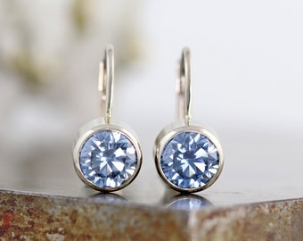 14k White Gold Lever Back Clip Earrings with Bezel Set Large 6mm Blue Moissanite - Light Blue Ethical Lab Grown Gemstone - Ready to Ship