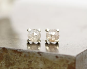 14k White Gold Stud Earrings - Creamy Grey Opaque Diamonds - Small Rose Cut Diamonds - Natural Milky Clear Diamond Earrings - READY TO SHIP