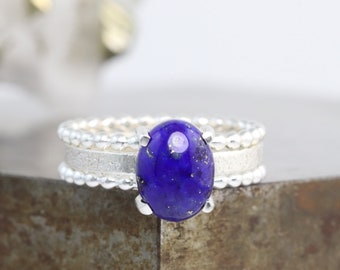 Lapis Lazuli Stacking Set with Three Sterling Silver Rings - Dark Blue Oval Natural Gemstone in Prong Settings - Size 5.5 - READY TO SHIP