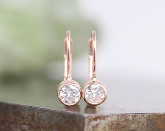 14k Rose Gold Lever Back Clip Earrings with Bezel Set 4mm White Moissanite - Diamond Alternative Lab Grown Ethical Gemstones  -Ready to Ship