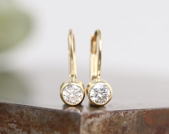 14k Yellow Gold Lever Back Clip Earrings with Bezel Set 4mm White Moissanite - Diamond Alternative Lab Grown Gemstones  - Ready to Ship