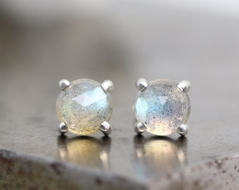 Small Rose Cut Labradorite Stud Earrings - Sterling Silver Studs with Natural 6mm Stones - Round Blue Flashy Gemstone Studs - READY TO SHIP