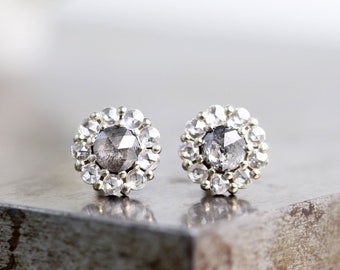 14k White Gold Earrings with Rose Cut Diamond Halo and 3mm Rose Cut Salt and Pepper Diamond Center Stone - Small Diamond Studs-Made to Order