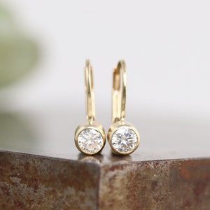 14k Yellow Gold Lever Back Clip Earrings with Bezel Set 4mm White Moissanite - Diamond Alternative Lab Grown Gemstones  - Ready to Ship