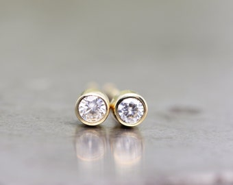 Pair of the Tiniest Yellow Gold Moissanite Stud Earrings - Bezel Set Tiny Diamond Alternative Studs - Recycled 14k Gold - READY TO SHIP