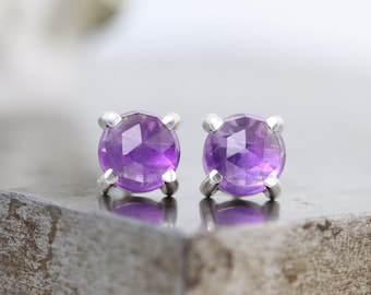 Four Prong Rose Cut Amethyst Earrings - Sterling Silver Studs with Natural 6mm Stones - Natural Purple Gemstone Studs - READY TO SHIP