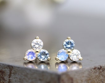 Custom - 14k White Gold Cluster 2.5mm Gemstone Stud - Three Stone Gemstone Earring with Lab Diamond, Moonstone and Aquamarine -Made to Order