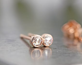Tiny 14k Rose Gold Moissanite Stud Earrings - Pair of Small Everyday Studs with Rose Cut Gemstones - Modern Classic Bezel Stud-READY TO SHIP