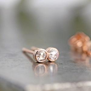 Tiny 14k Rose Gold Moissanite Stud Earrings - Pair of Small Everyday Studs with Rose Cut Gemstones - Modern Classic Bezel Stud-READY TO SHIP
