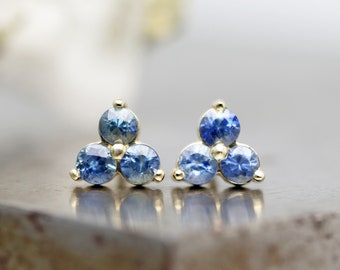 14k Yellow Gold Cluster Sapphire Studs - Small Everyday Three Stone Gemstone Earring with Natural 2.5mm Madagascar Sapphire - READY TO SHIP