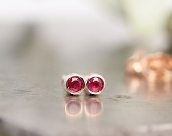 Tiny Rose Gold Ruby Stud Earrings - Pair of Small Deep Raspberry Red Everyday Studs - Modern Classic July Birthday Bezel Stud -READY TO SHIP