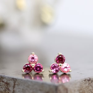 14k Yellow Gold Cluster 2.5mm Red and Pink Gemstone Studs - Three Stone Gemstone Earring - Lab Ruby, Pink Tourmaline, Spinel - Made to Order