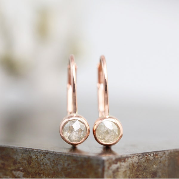 14k Rose Gold Lever Back Clip Earrings with Bezel Set 4mm Rose Cut Diamonds - Cream Yellow Diamonds in Clip Style Earring - Ready to Ship