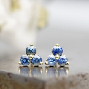 14k Yellow Gold Cluster Sapphire Studs - Small Everyday Three Stone Gemstone Earring with Natural 2.5mm Madagascar Sapphire - READY TO SHIP