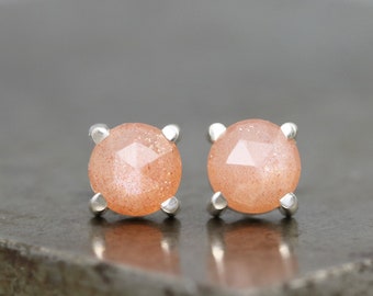 Light Peach Moonstone Stud Earrings - Sterling Silver Studs with Schiller Effect Moonstone - Small Round Rose Cut Moonstones - READY TO SHIP