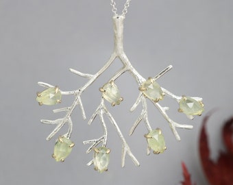 Natural Silver Tree Pendant with Rose Cut Pear Green Prehnite Gemstones - Mixed Metal 14k Yellow Gold and Silver Necklace - Made to Order