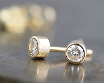Pair of Tiny Yellow Gold and Diamond Stud Earrings - Small 14ky Solid Recycled Gold Luxury Everyday Unisex Diamond Studs - READY TO SHIP