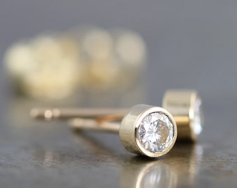 Tiny Moissanite Stud Earrings - 14k Yellow Gold Diamond Alternative Studs - Small Second Piercing or Unisex Everyday Earring - READY TO SHIP
