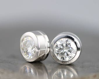 1 Carat Diamond Alternative Stud Earrings - 14k White Gold Bezel Set Studs - 5mm Forever One Near Colorless Moissanite Stones -Made to Order