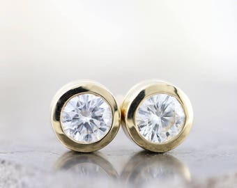 14k Yellow Gold Forever One Near Colorless Moissanite Stud Earrings - 1 Carat Total Weight - Diamond Alternative 5mm Stones - Made to Order