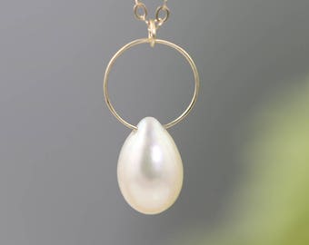 14k Gold Circle and Pearl Teardrop Pendant - Delicate Gold Necklace with White Pearl - Solid Yellow Gold Wire Hoop Necklace - READY TO SHIP