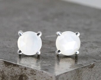 6mm Sterling Silver Studs with Natural Stones - Small Rose Cut Moonstone Stud Earrings - Round Milky White Gemstone Studs - READY TO SHIP