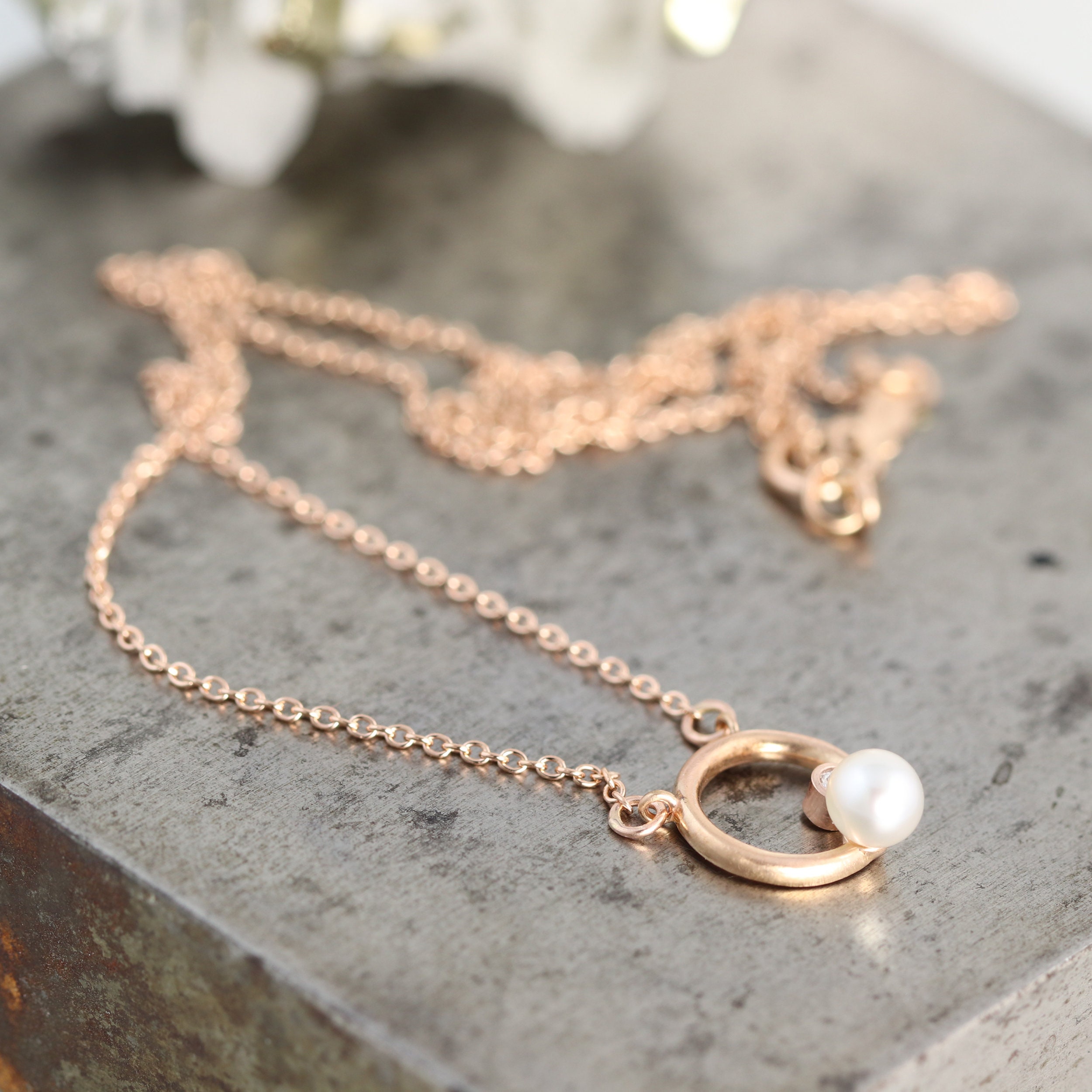 14k Rose Gold Necklace With Pearl and Tiny White Diamond