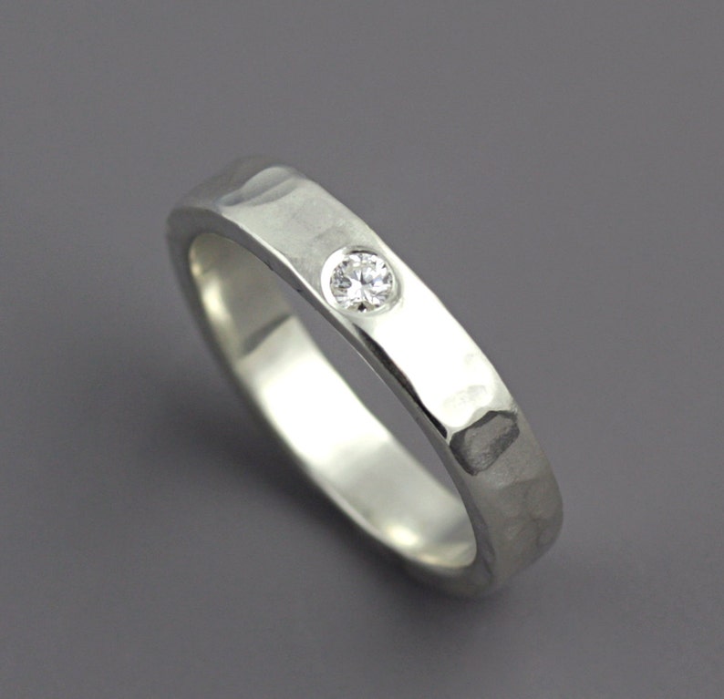 Womens Wide Hammered Sterling Silver Band With White Diamond - Etsy