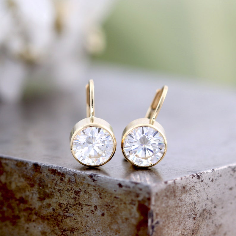 14k Yellow Gold Lever Back Clip Earrings with Bezel Set Large 7mm White Moissanite White Diamond Alternative Gemstones Made to Order image 4